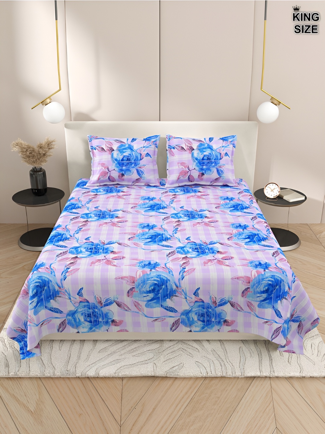 

DREAM WEAVERZ Purple & White Floral Cotton 220 TC King Bedsheet With 2 Pillow Covers