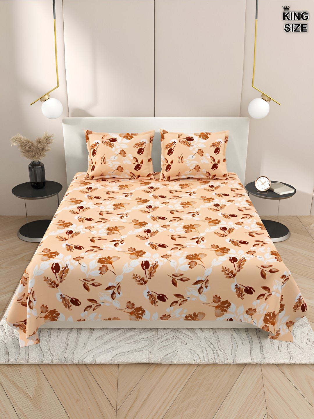 

DREAM WEAVERZ Beige & White Floral Cotton 220 TC King Bedsheet With 2 Pillow Covers