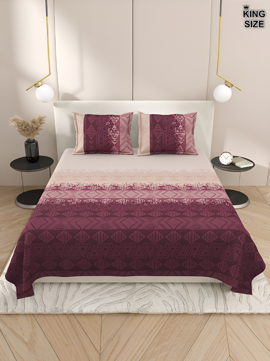 

DREAM WEAVERZ Cream & Violet Geometric Cotton 220 TC King Bedsheet with 2 Pillow Covers