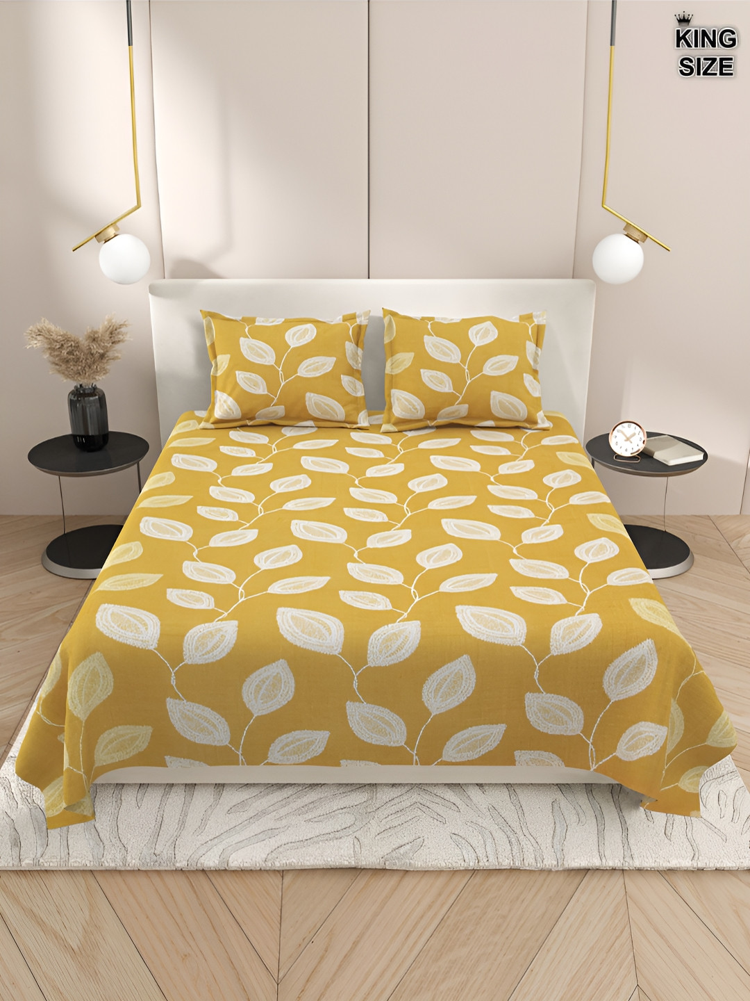 

DREAM WEAVERZ Mustard & White Cotton 220 TC Super King Bedsheet With 2 Pillow Covers