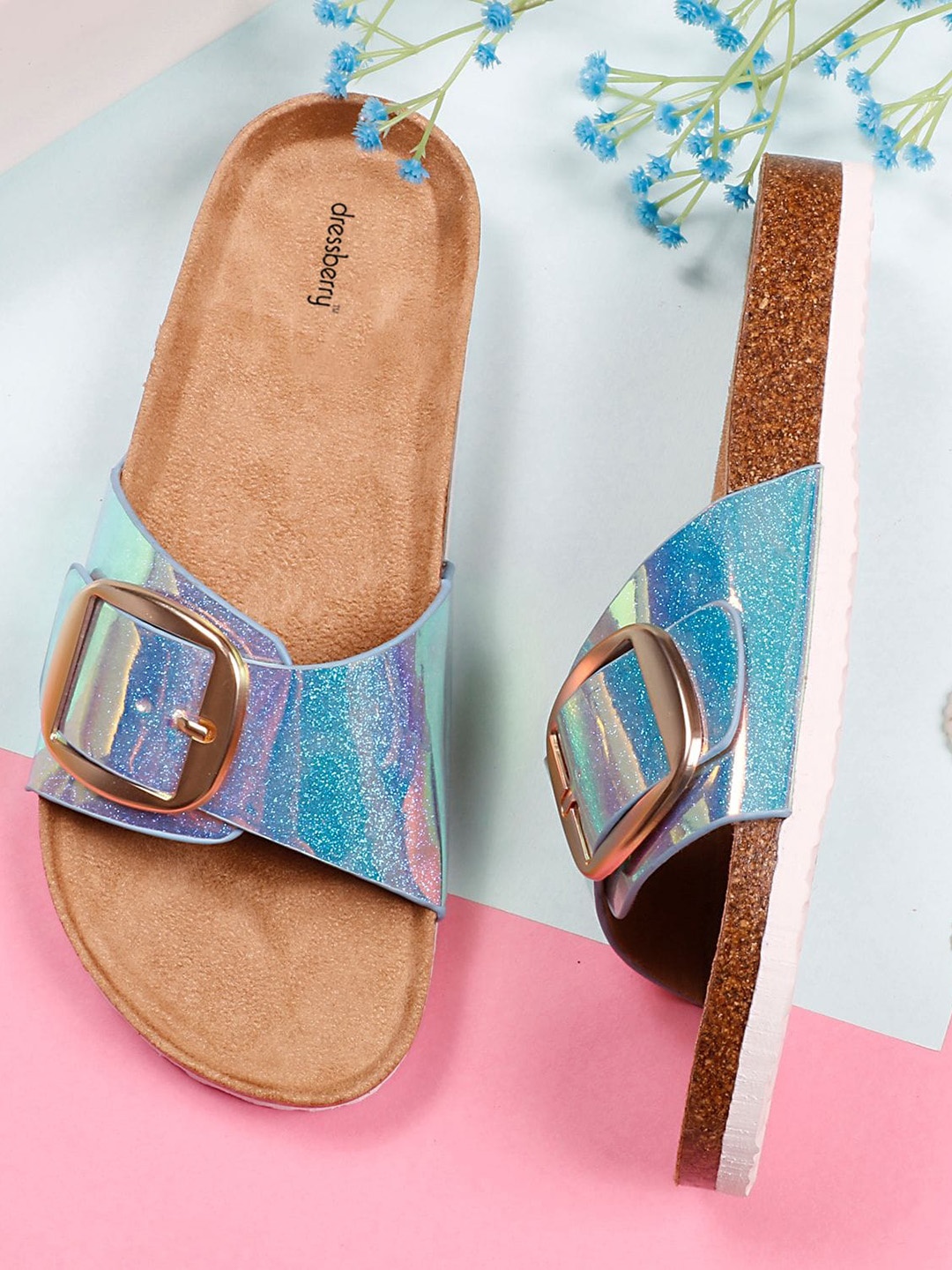 

DressBerry Silver-Toned Buckles Detail Open Toe Flats