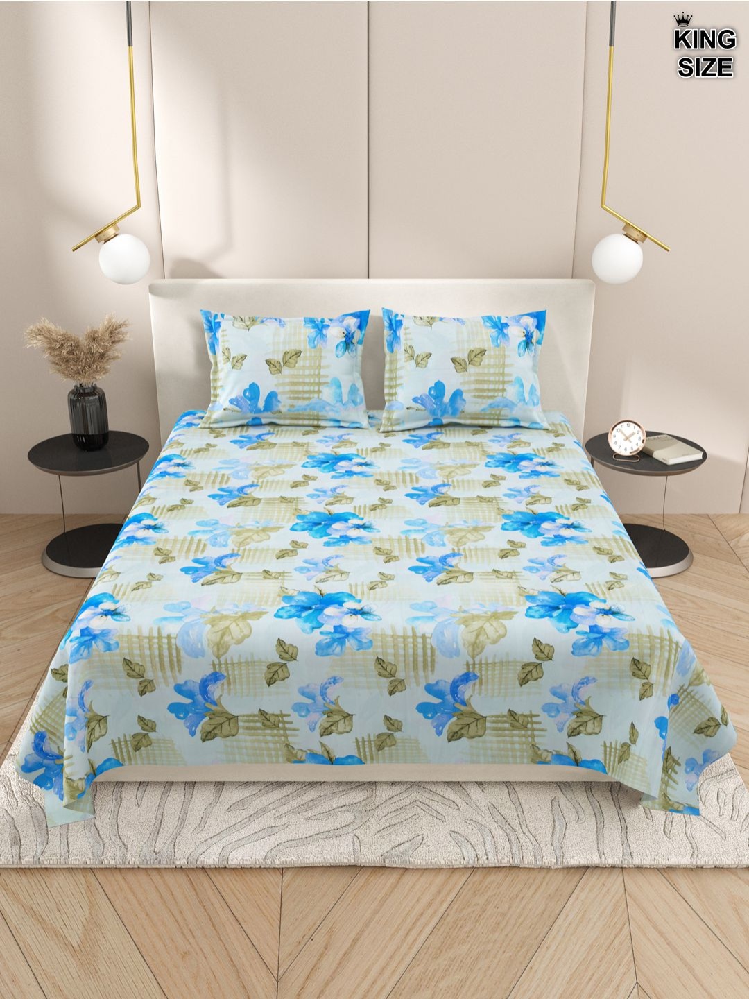 

Aura Blue & Green Floral 220 TC Cotton King Bedsheet With 2 Pillow Covers