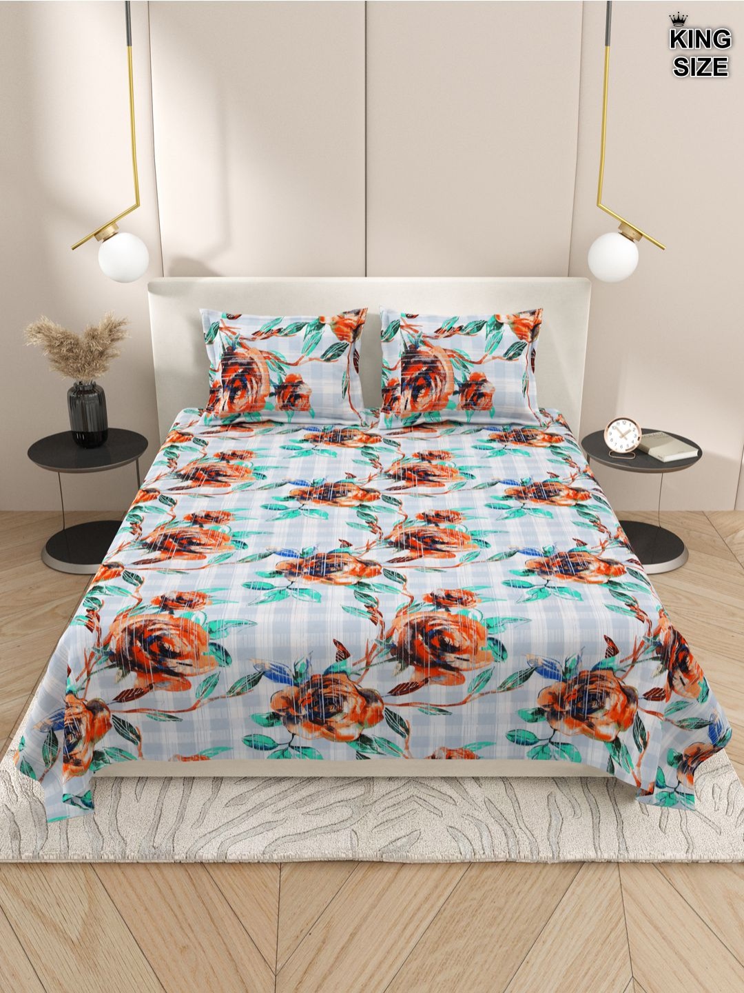 

Aura White & Orange Floral 220 TC Cotton King Bedsheet With 2 Pillow Covers