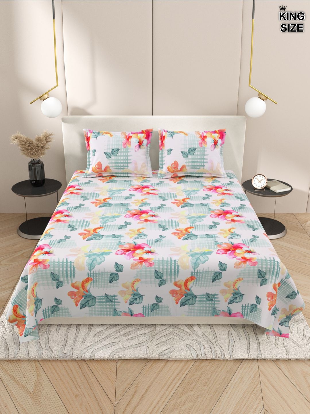 

Aura White & Blue Floral 220 TC Cotton King Bedsheet With 2 Pillow Covers