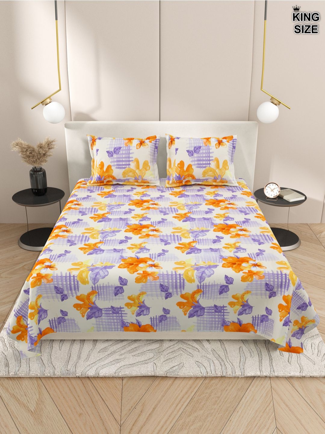 

Aura Purple & White Floral 220 TC Cotton King Bedsheet With 2 Pillow Covers