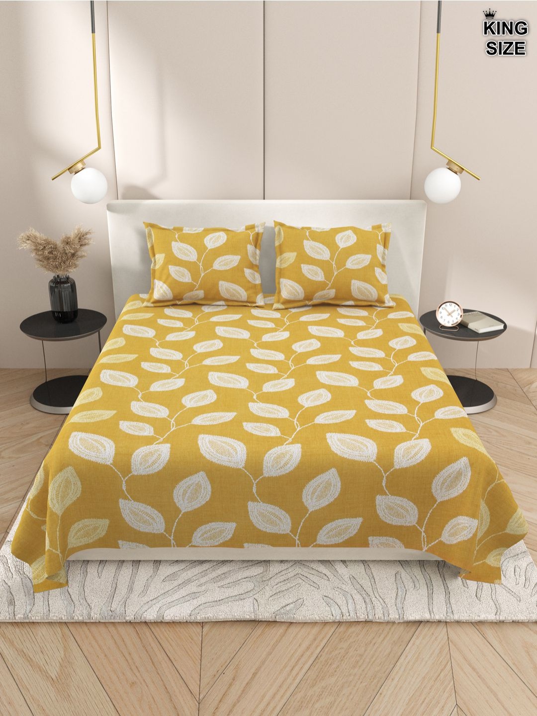 

Aura Yellow & White Floral 220 TC Cotton King Bedsheet With 2 Pillow Covers