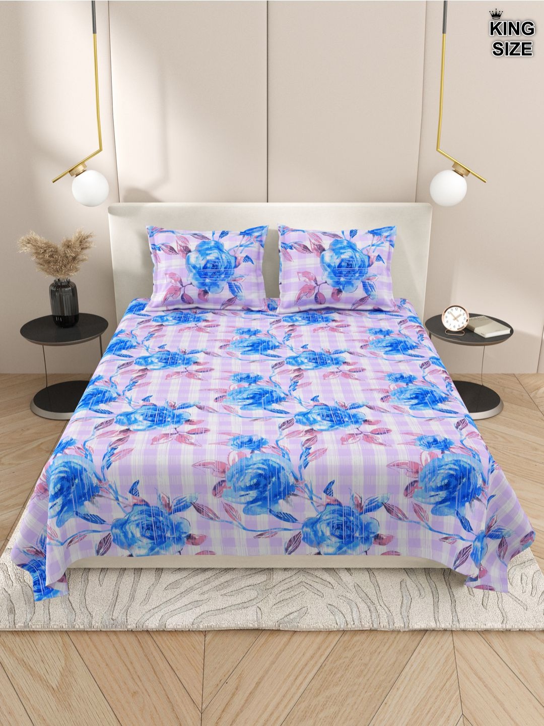 

Aura Purple & Blue Floral 220 TC Cotton King Bedsheet With 2 Pillow Covers