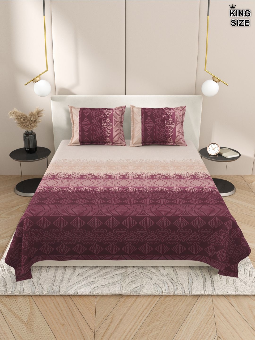 

Aura Cream & Purple Geometric 220 TC Cotton King Bedsheet With 2 Pillow Covers