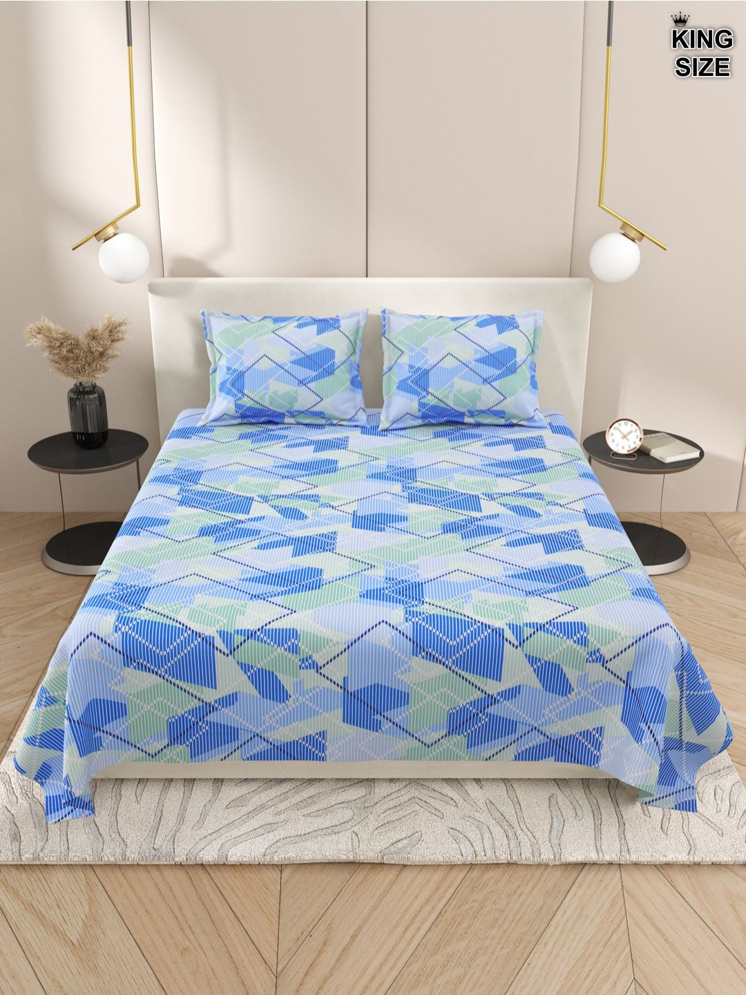 

Aura Blue & White Geometric 220 TC Cotton King Bedsheet With 2 Pillow Covers