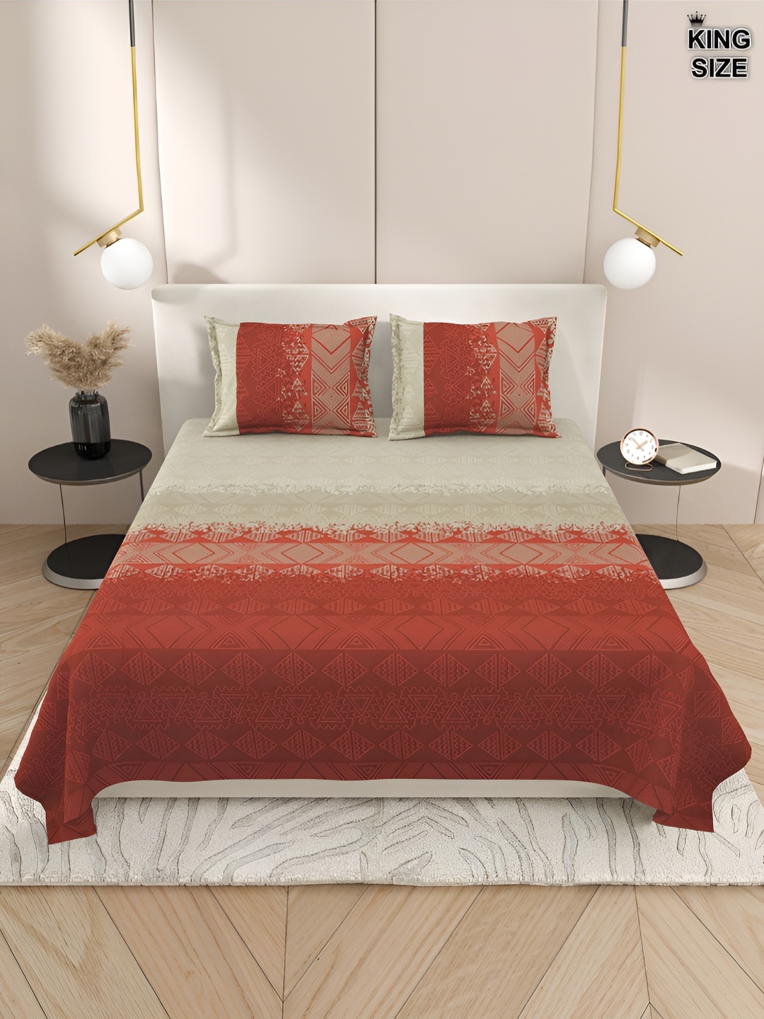 

Aura Red & Beige Geometric 220 TC Cotton King Bedsheet With 2 Pillow Covers