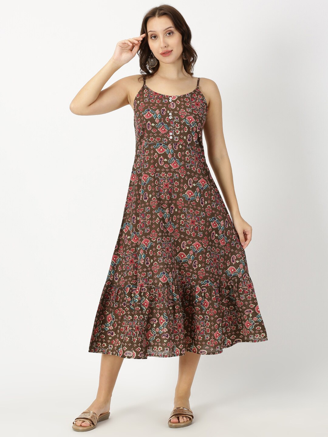 

Saffron Threads Ethnic Motifs Print Strappy Midi Dress, Brown
