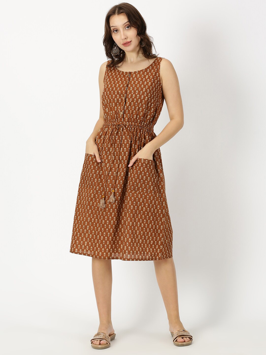 

Saffron Threads Lotus Printed Cotton A Line Dress, Brown