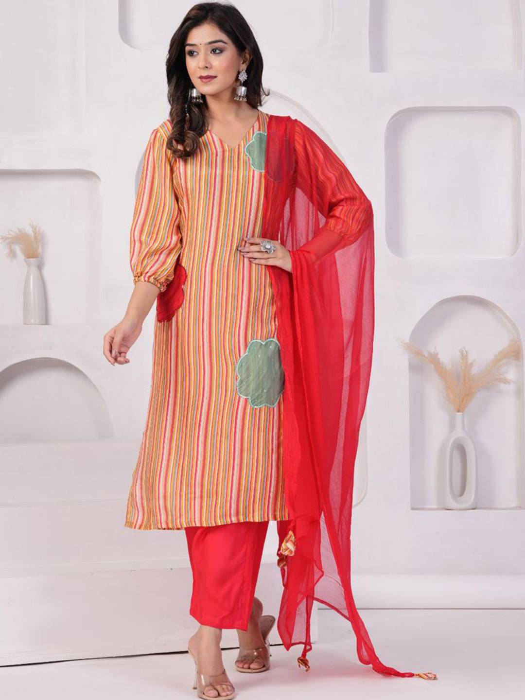 

Shikhaa Style Striped Regular Patchwork Pure Silk Kurta With Trousers & Dupatta, Red