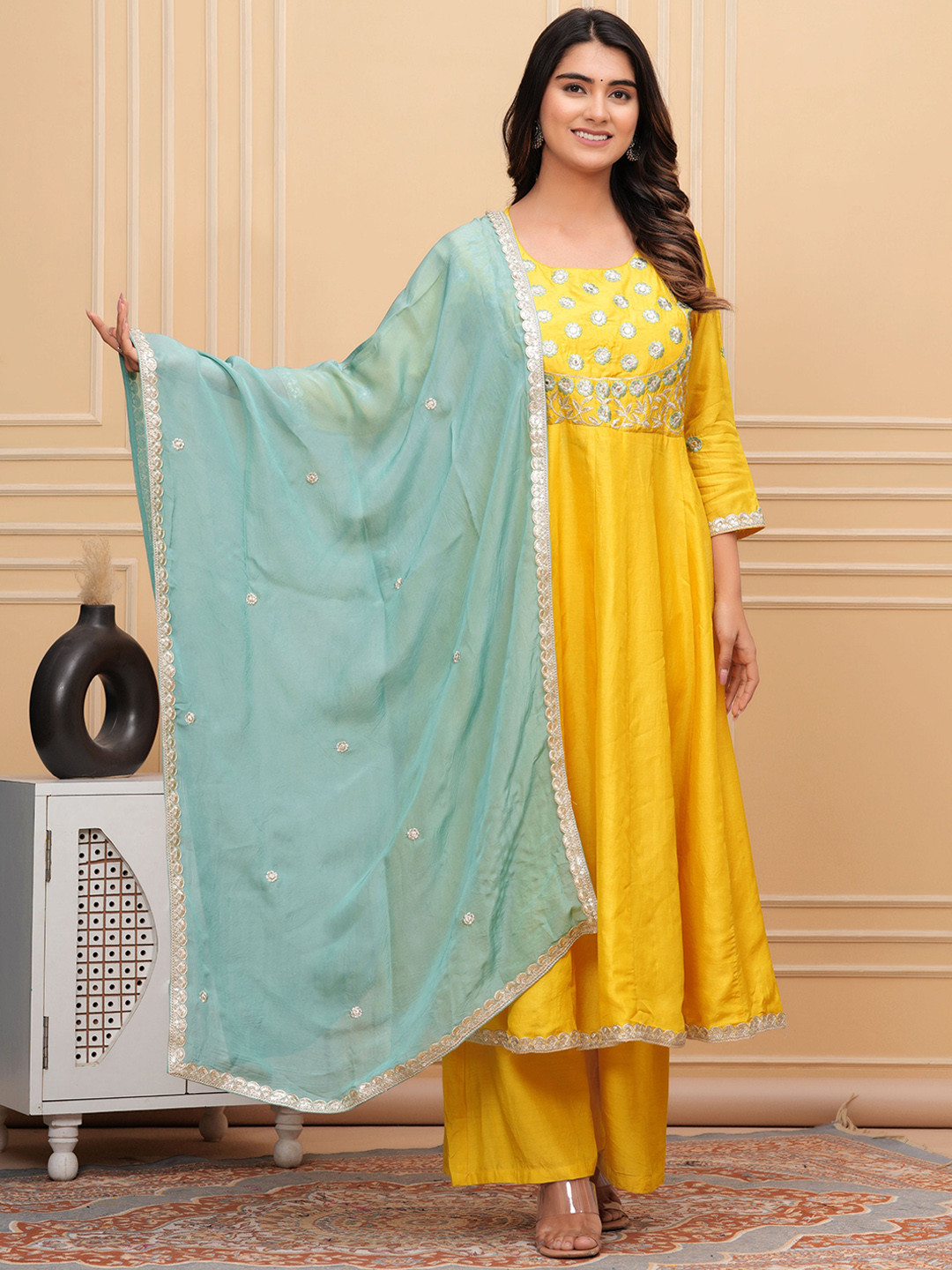 

Shikhaa Style Floral Yoke Design Pure Silk Anarkali Kurta With Palazzos & Dupatta, Yellow