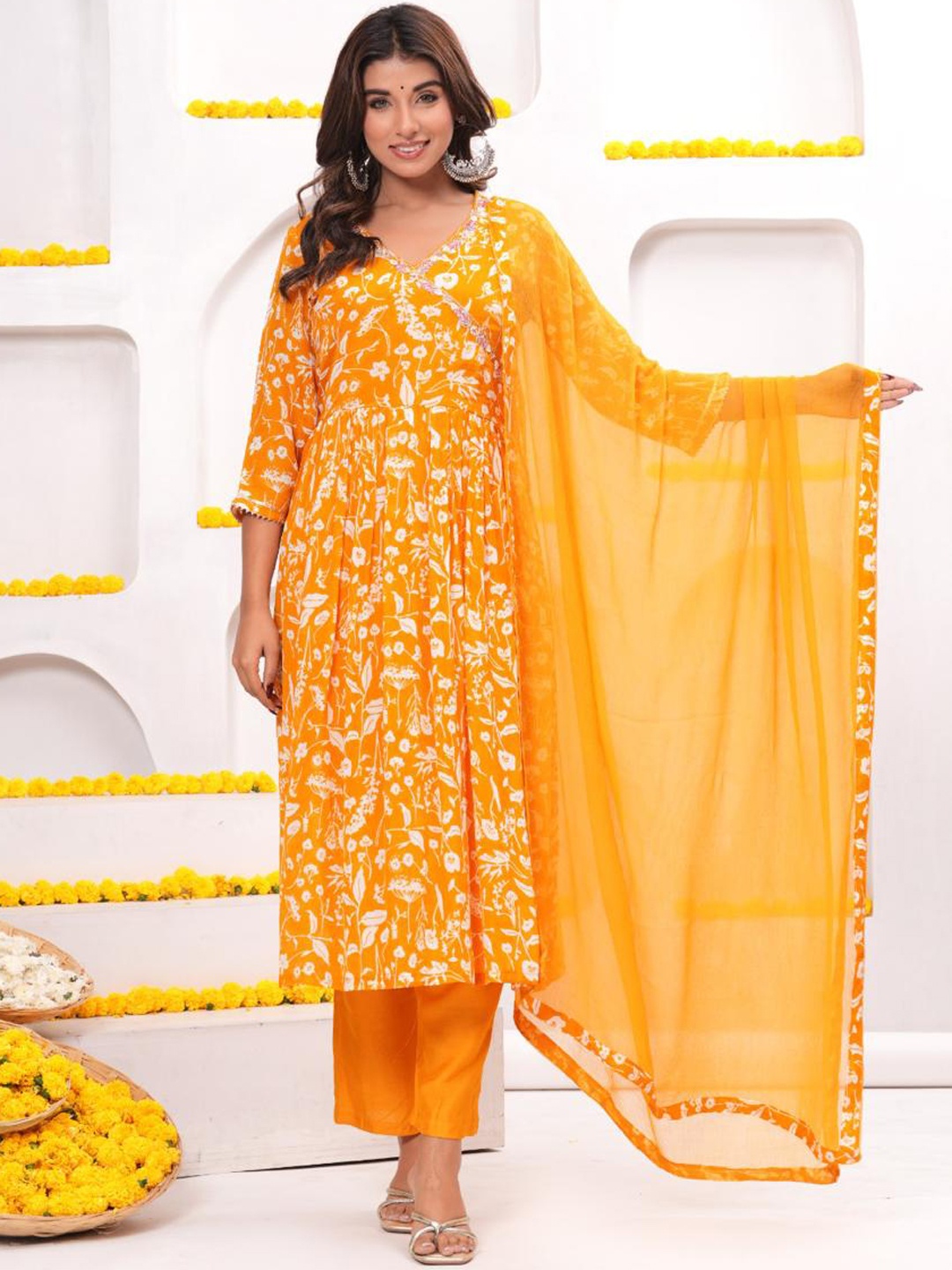 

Shikhaa Style Floral Printed Gotta Patti A Line Kurta With Trousers & Dupatta, Yellow