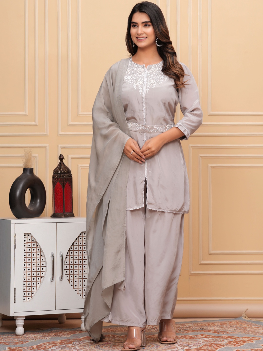 

Shikhaa Style Floral Embroidered Gotta Patti Silk Crepe Kurta With Palazzo & Dupatta, Grey