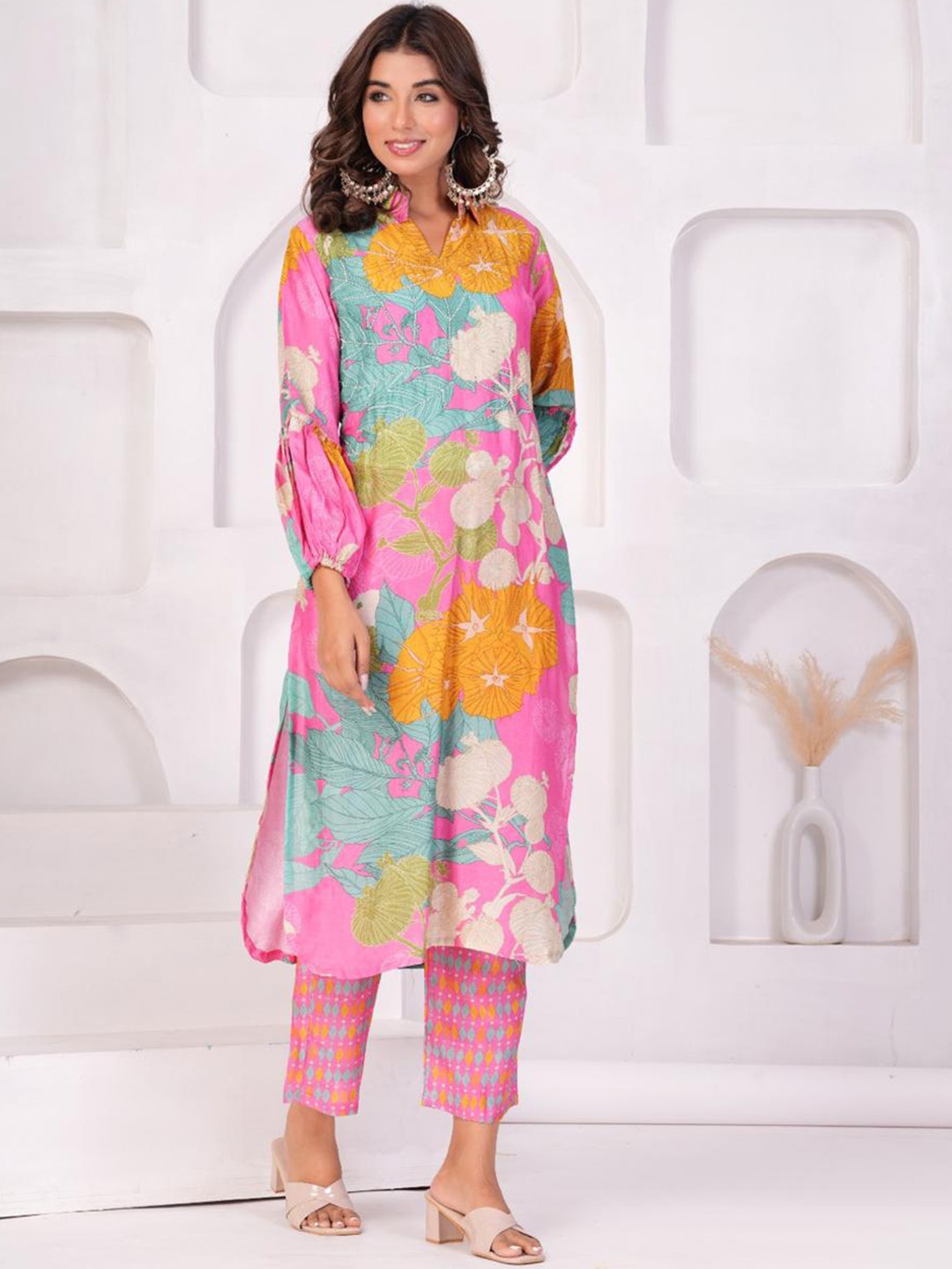 

Shikhaa Style Floral Printed Shirt Collar Straight Pure Silk Kurta With Trouser, Pink
