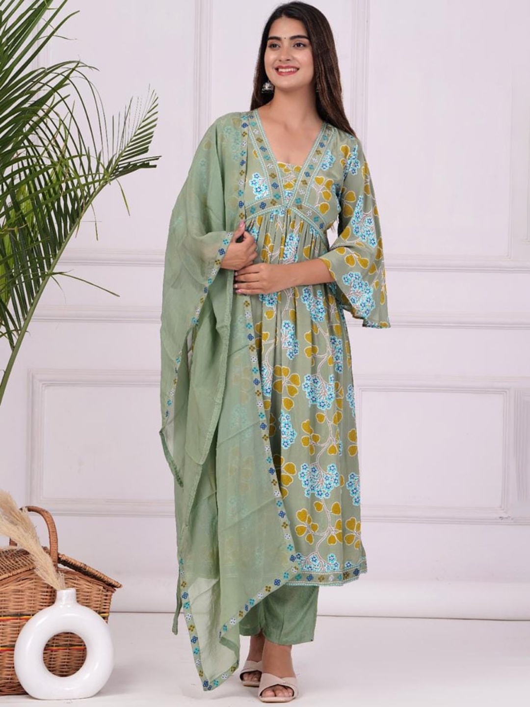 

Shikhaa Style Floral Printed Thread Work Empire A-Line Kurta With Trousers & Dupatta, Green