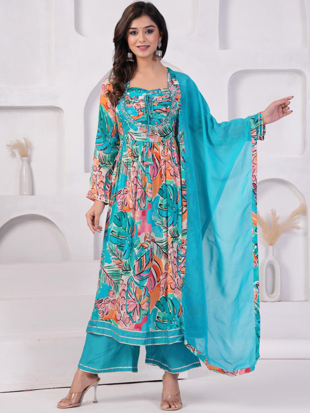 

Shikhaa Style Floral Printed Sweetheart Neck A-Line Kurta With Palazzo & Dupatta, Blue