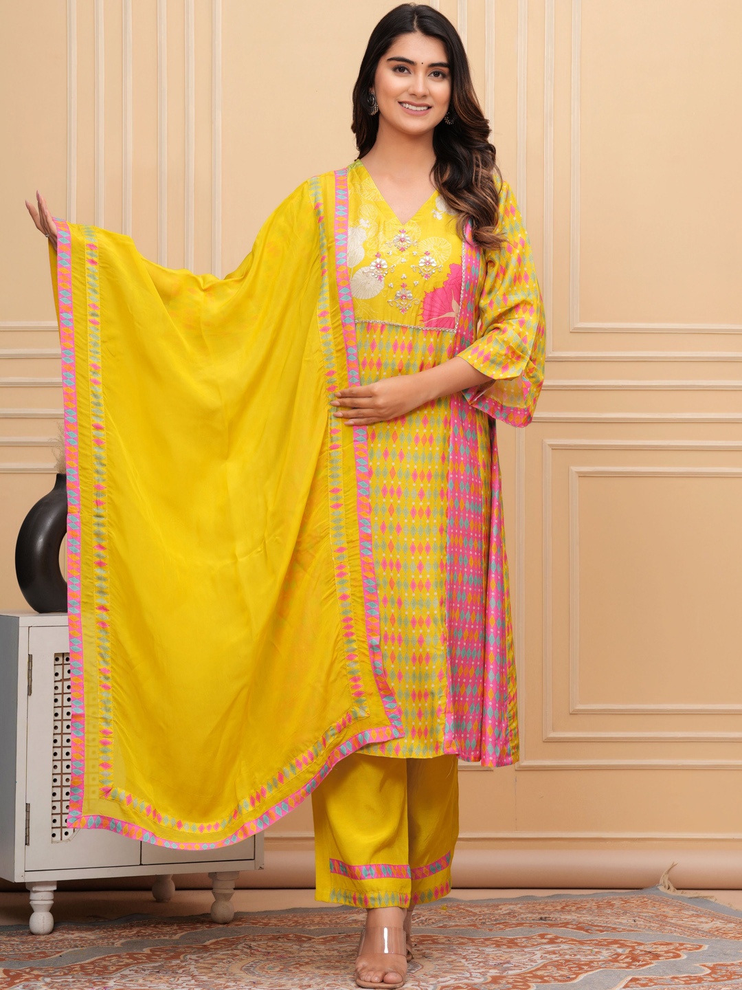 

Shikhaa Style Geometric Printed Beads and Stones Pure Silk Kurta With Trousers & Dupatta, Mustard
