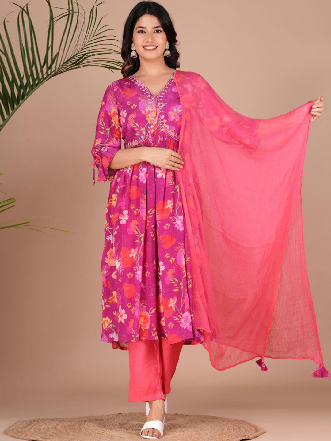 

Shikhaa Style Floral Printed A-Line Empire Kurta With Trouser & Dupatta, Pink