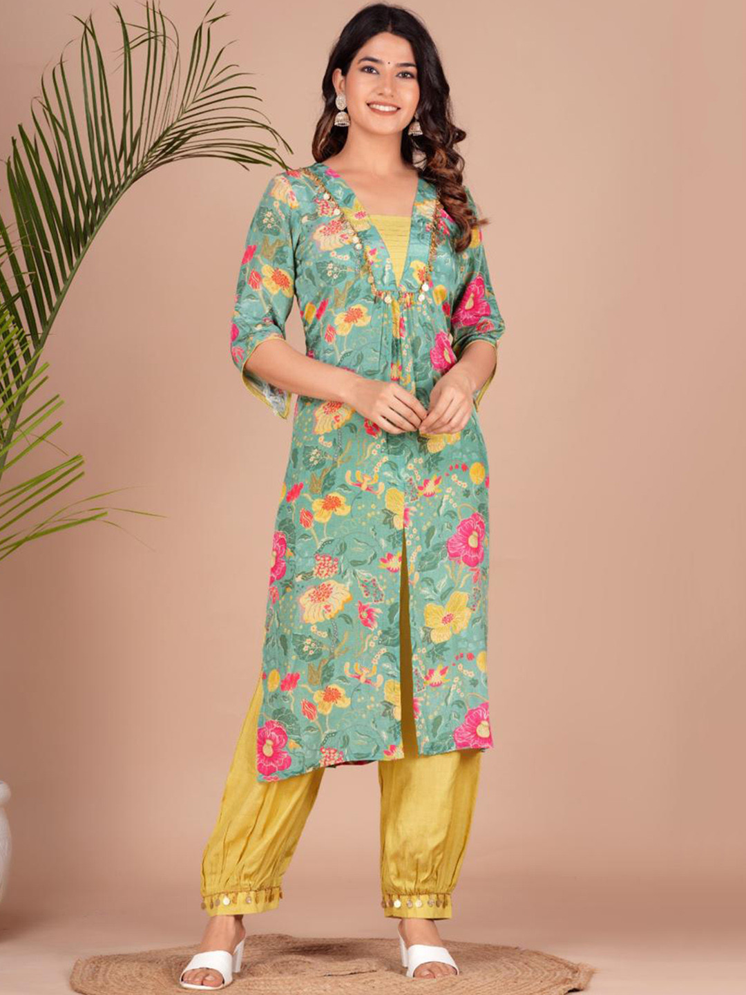 

Shikhaa Style Floral Printed Beads and Stones Straight Kurta With Salwar, Green