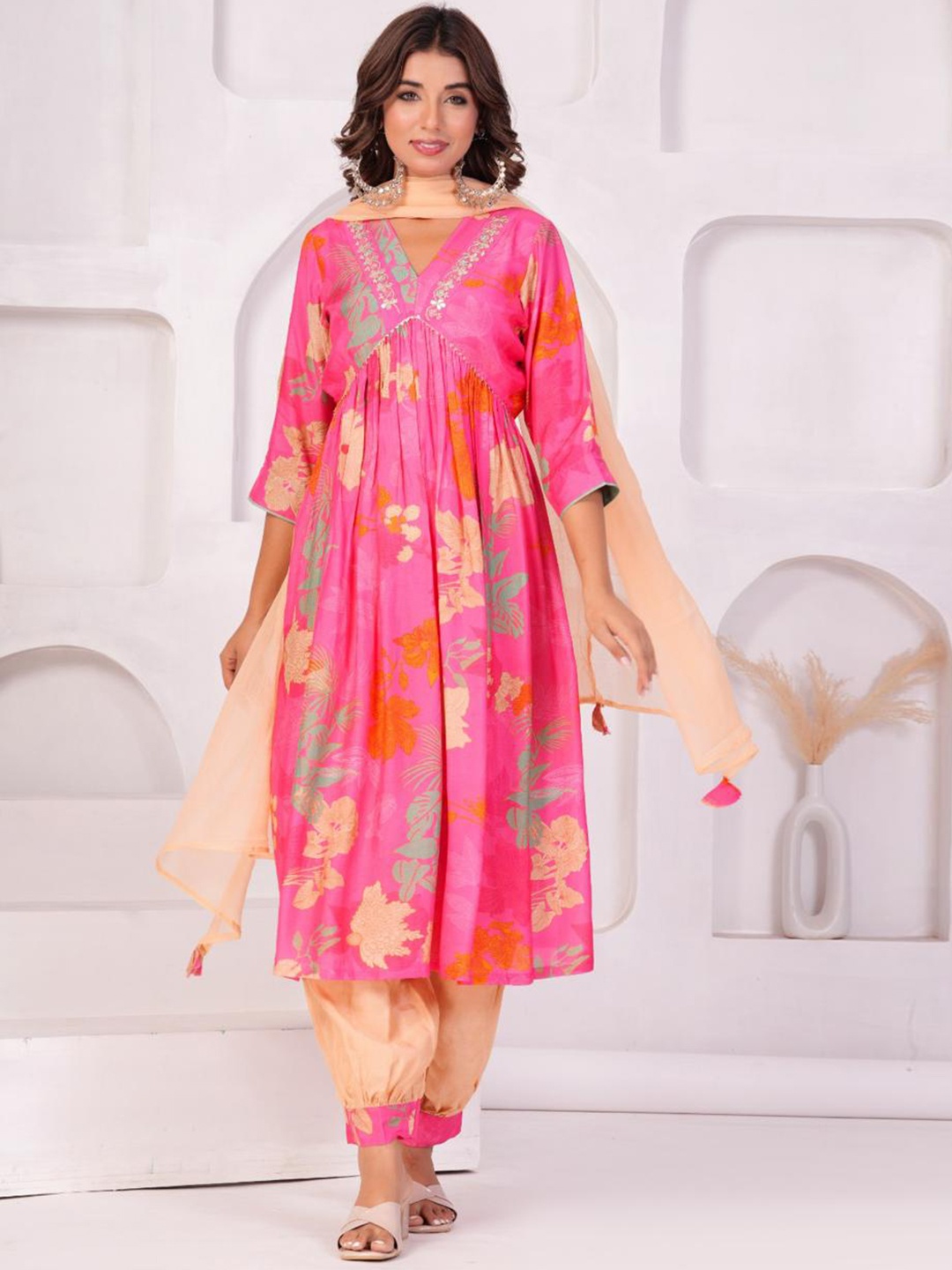 

Shikhaa Style Floral Printed Pure Silk Empire A-Line Kurta With Salwar & Dupatta, Pink