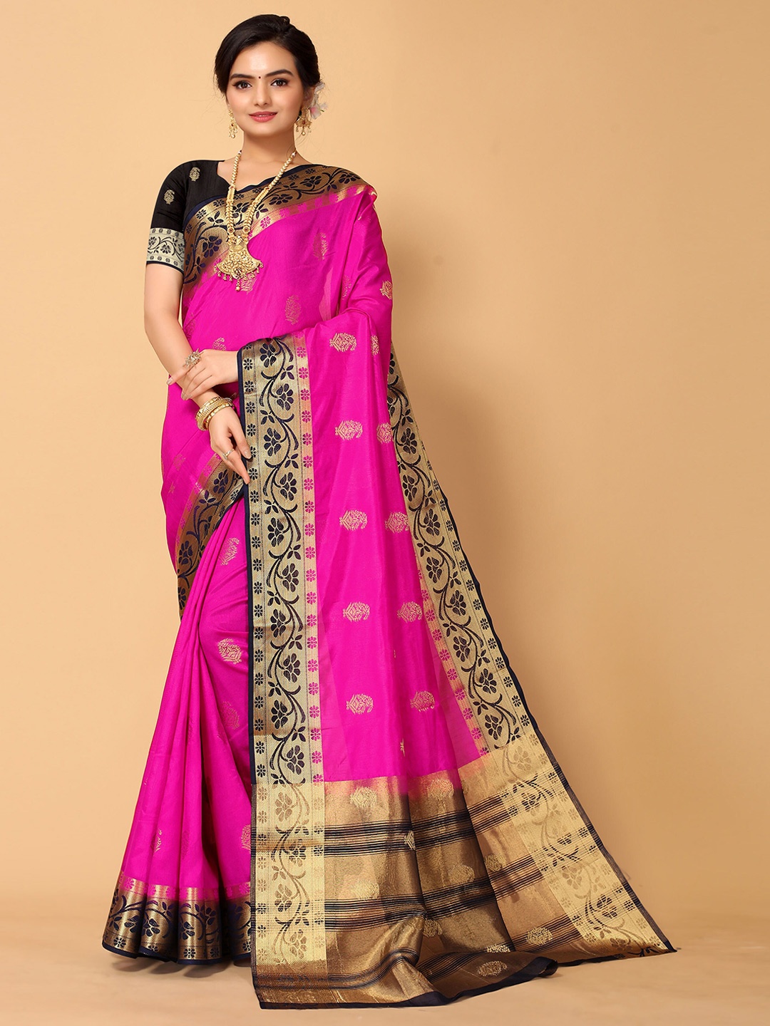

all about you Ethnic Motifs Woven Design Zari Kanjeevaram Saree, Pink