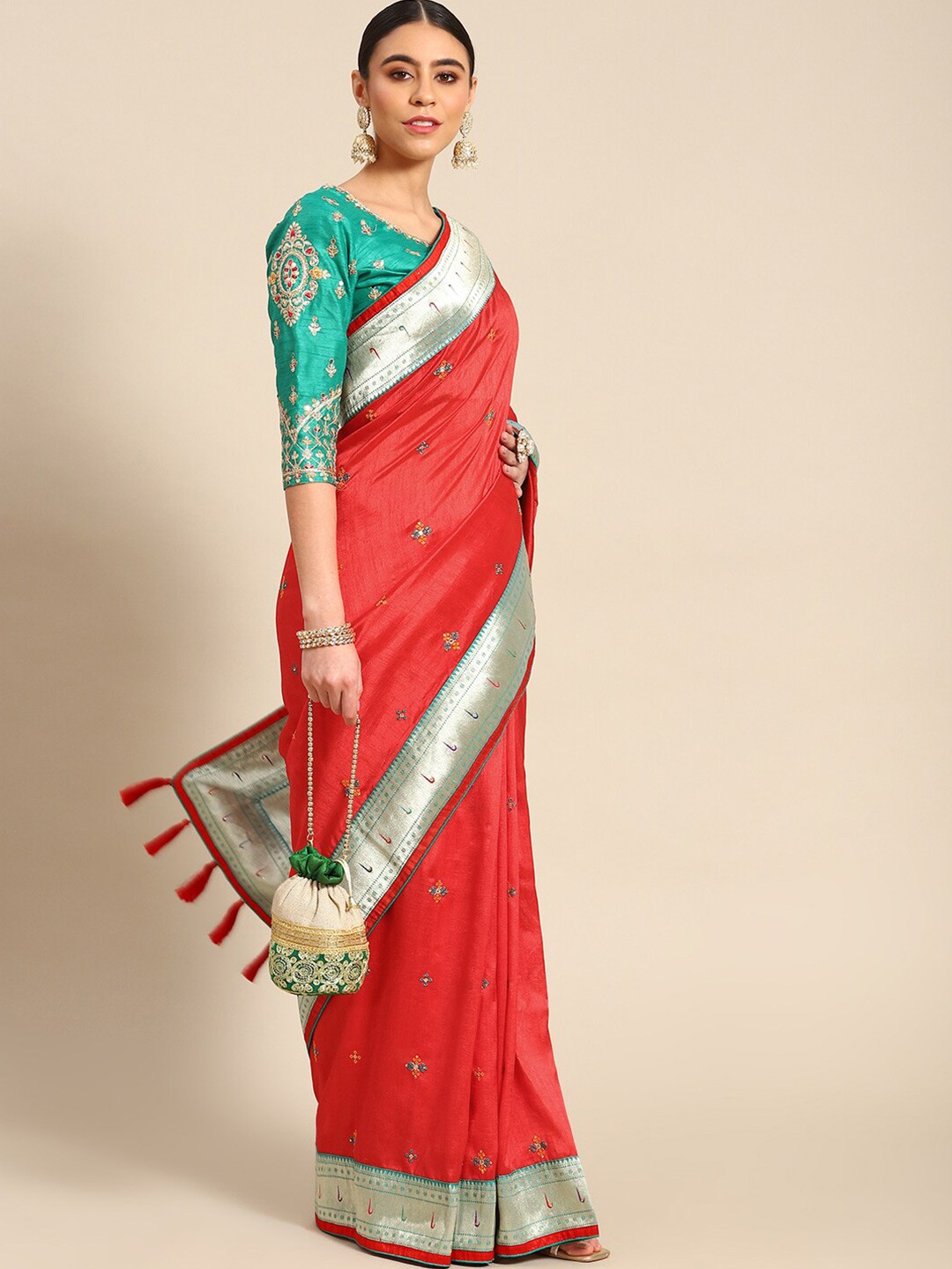

all about you Ethnic Motifs Embroidered Woven Design Zari Pure Silk Banarasi Saree, Red