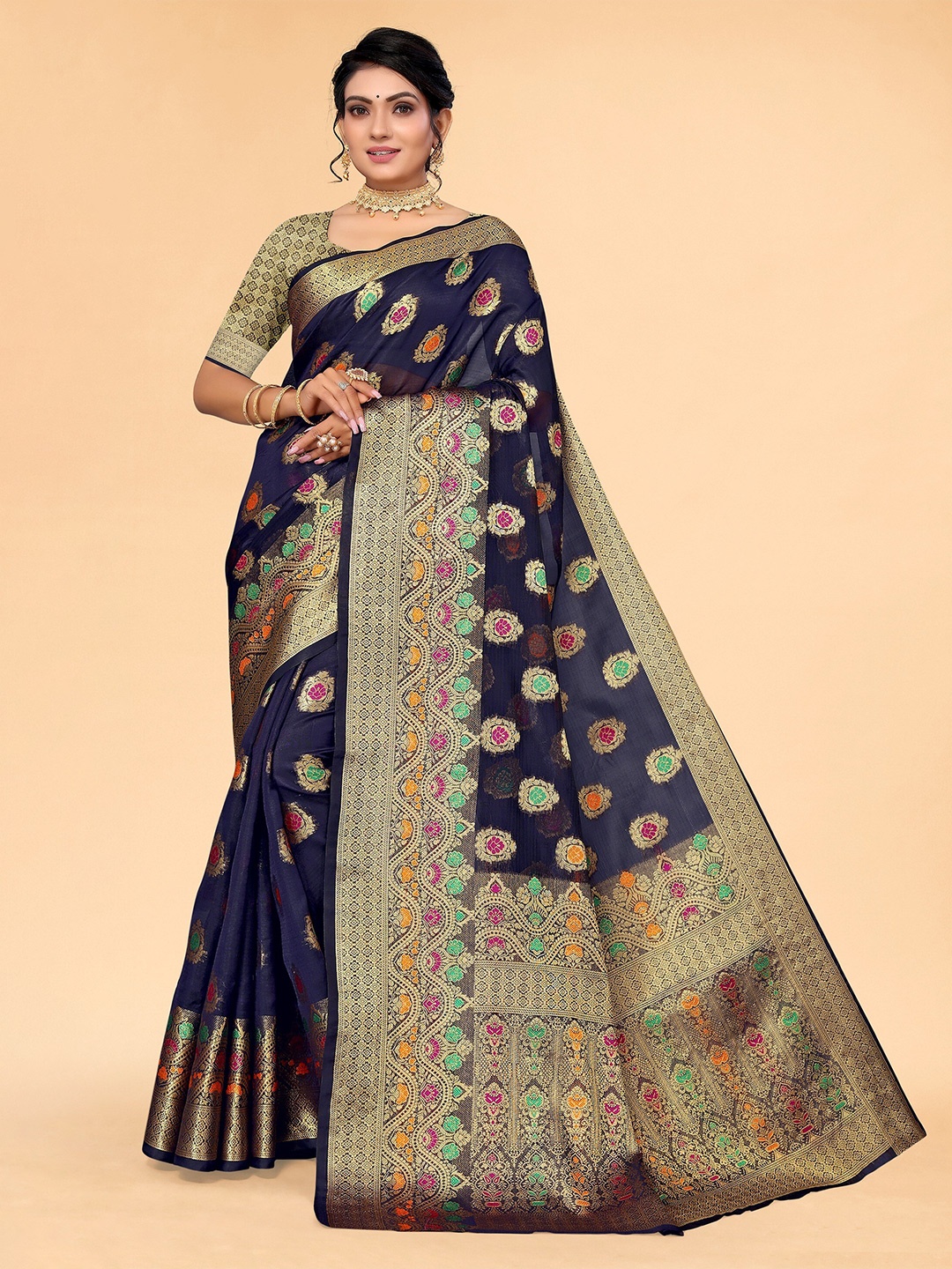 

all about you Ethnic Motifs Woven Design Zari Organza Kanjeevaram Saree, Navy blue