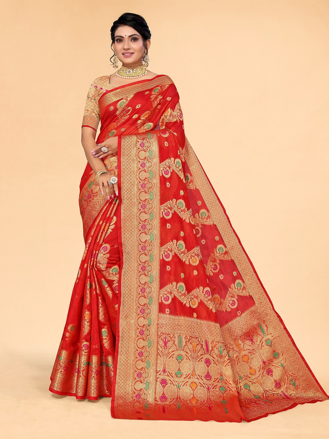 

all about you Ethnic Motifs Woven Design Zari Organza Kanjeevaram Saree, Red