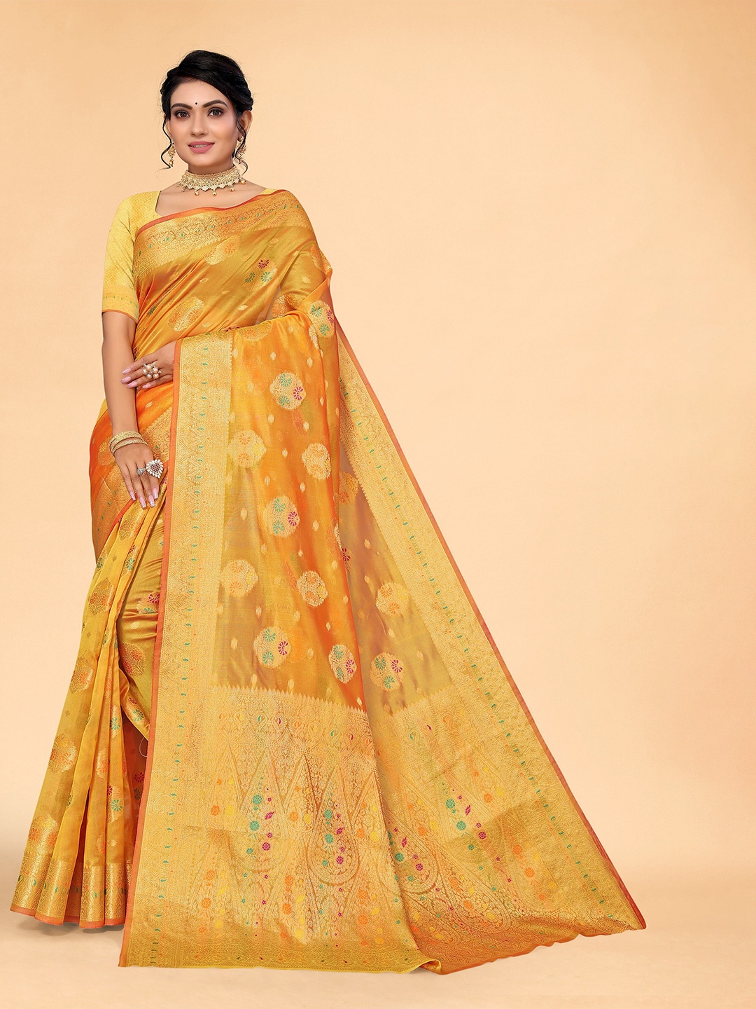 

all about you Ethnic Motifs Woven Design Zari Organza Kanjeevaram Saree, Mustard