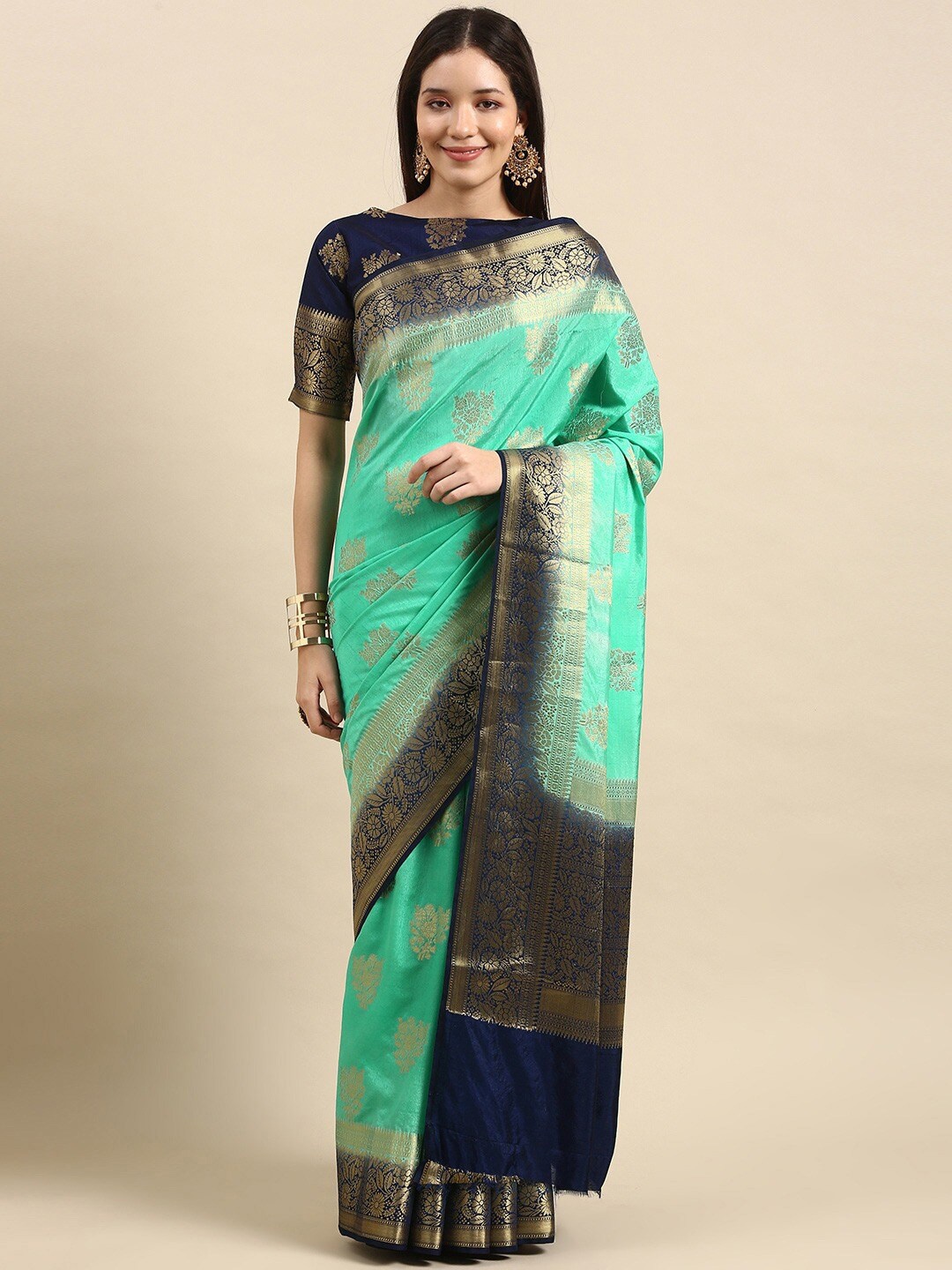 

all about you Floral Woven Design Zari Kanjeevaram Saree, Turquoise blue