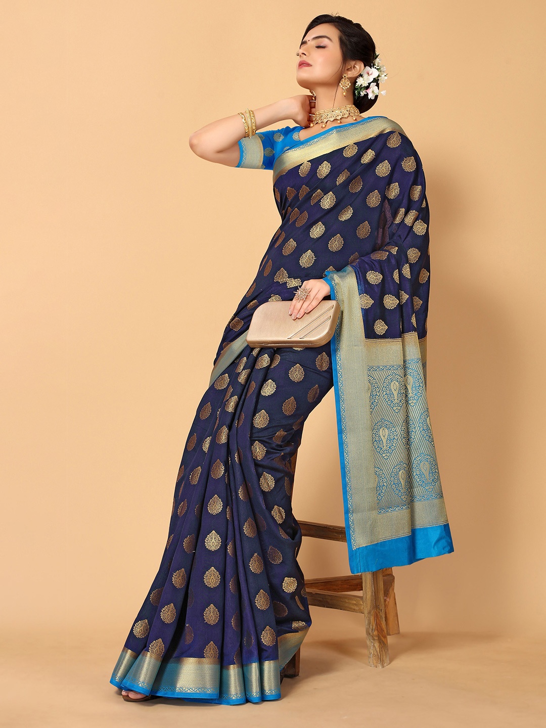 

all about you Ethnic Motifs Woven Design Zari Kanjeevaram Saree, Navy blue