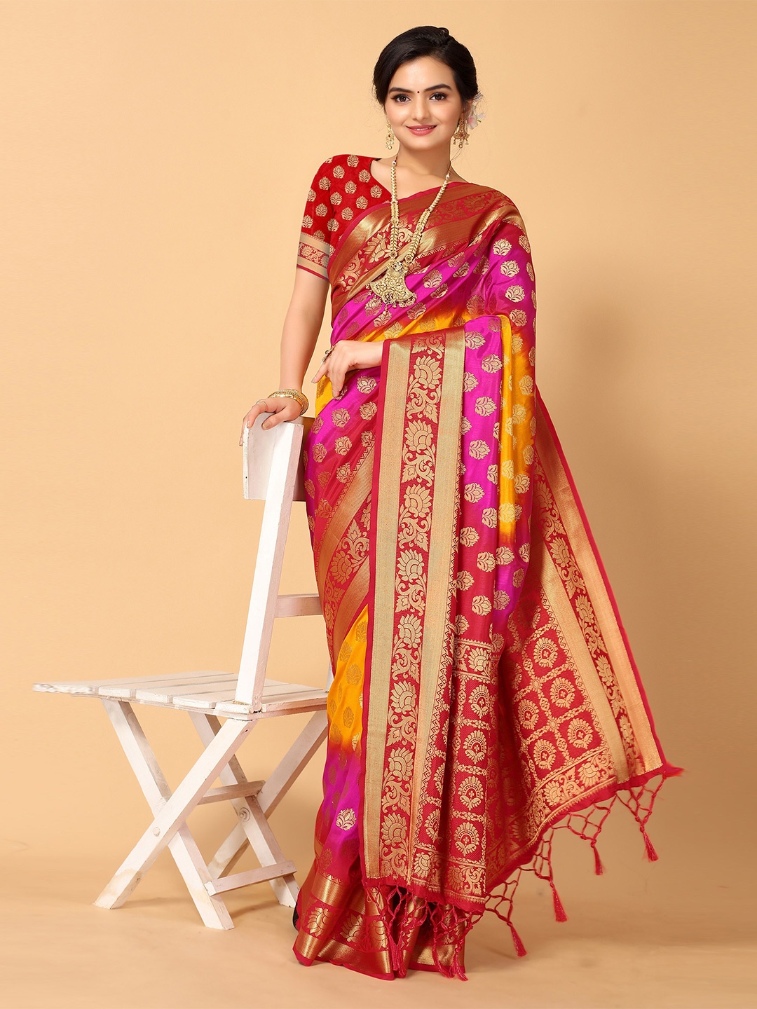 

all about you Ethnic Motifs Woven Design Zari Kanjeevaram Saree, Orange
