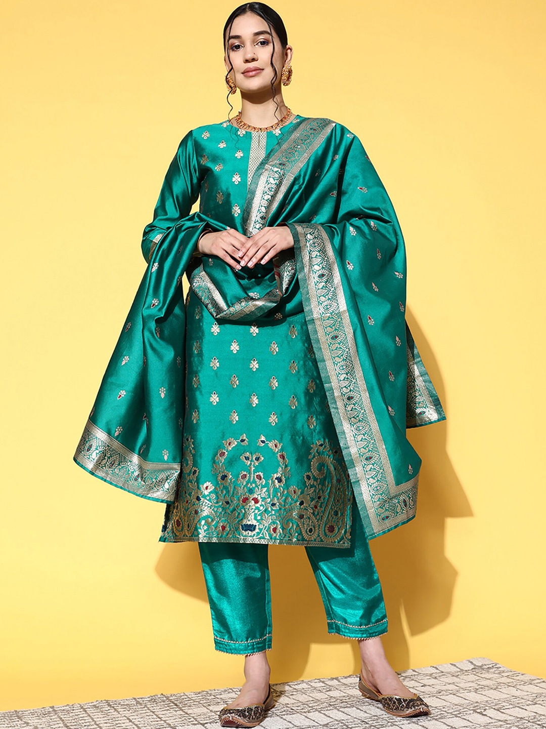 

Indo Era Teal Green Woven Design Thread Work Straight Kurta With Trousers & Dupatta
