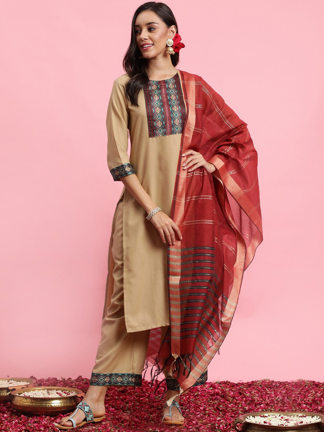 

Indo Era Yoke Design Straight Kurta With Palazzo & Dupatta, Beige