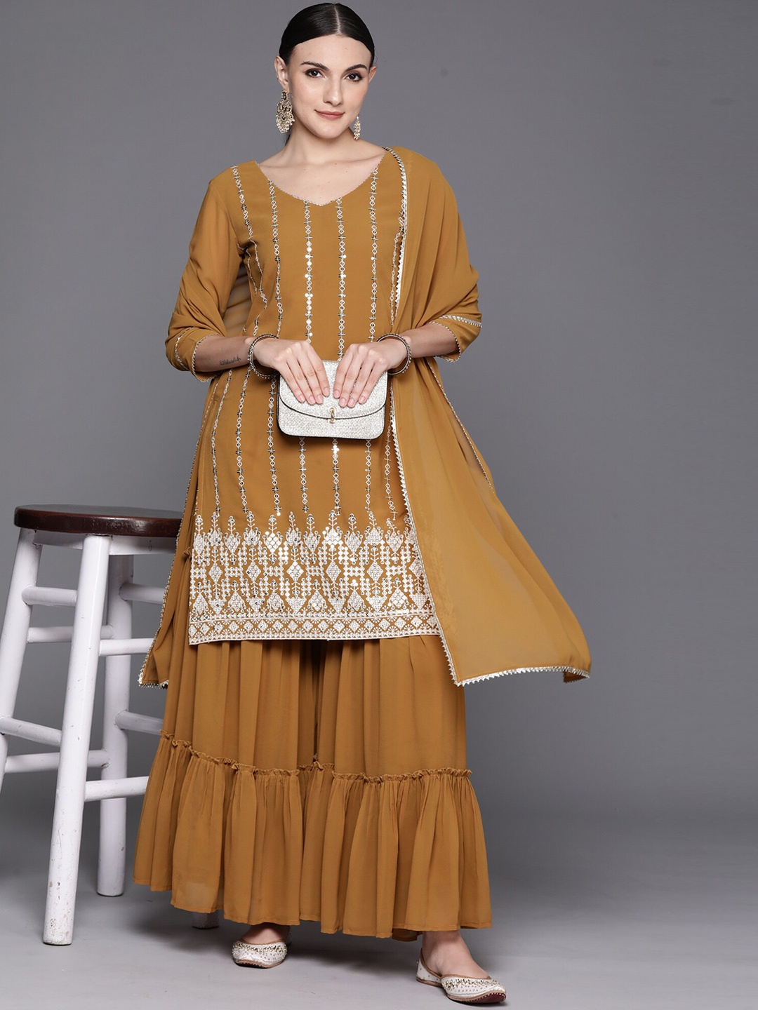 

Indo Era Striped Sequinned Georgette Straight Kurta With Sharara & Dupatta, Mustard