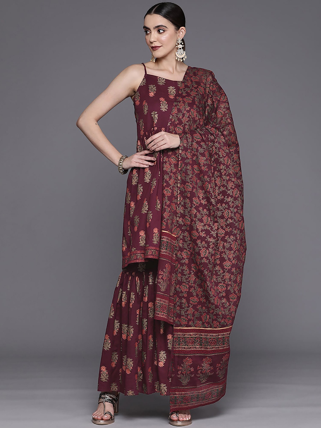

Indo Era Burgundy Floral Printed Shoulder Straps Straight Kurta with Sharara & Dupatta