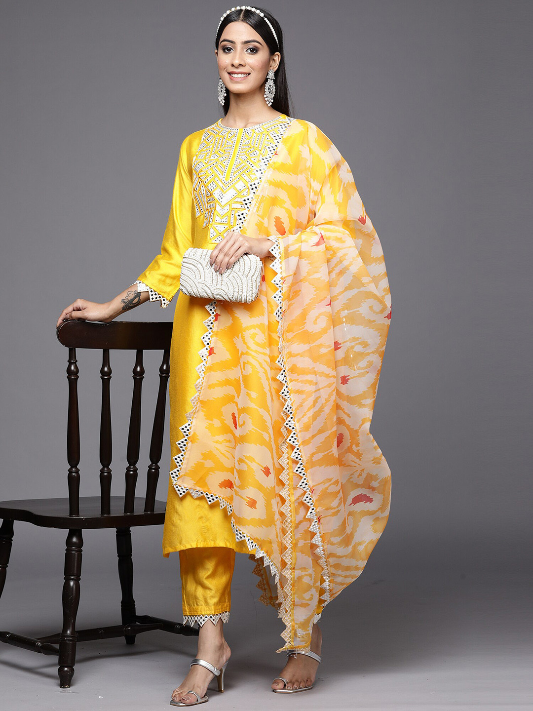 

Indo Era Yellow Yoke Design Round Neck Straight Kurta with Trousers & With Dupatta