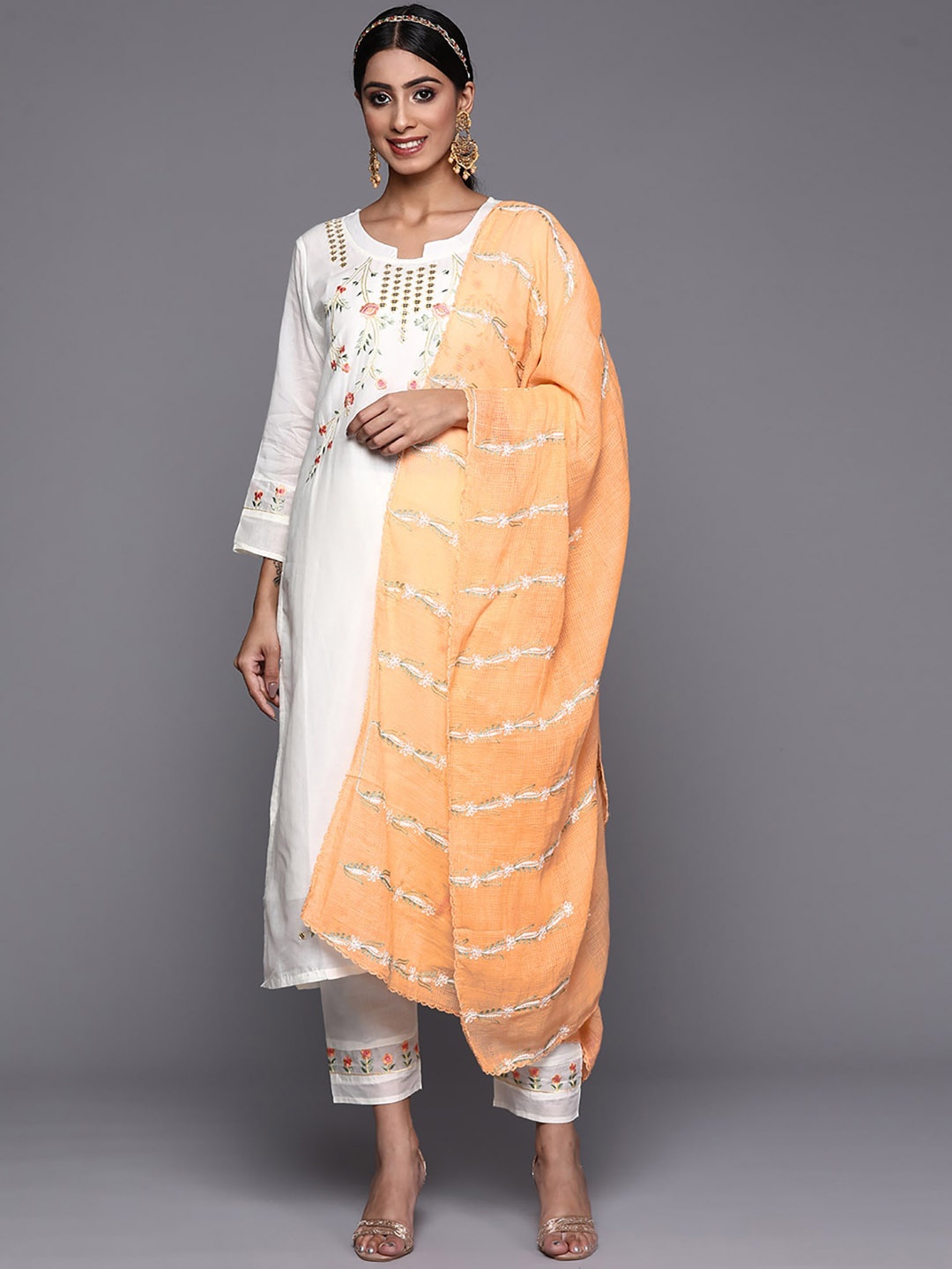 

Indo Era White Floral Yoke Design Round Neck Straight Kurta with Trousers & Dupatta