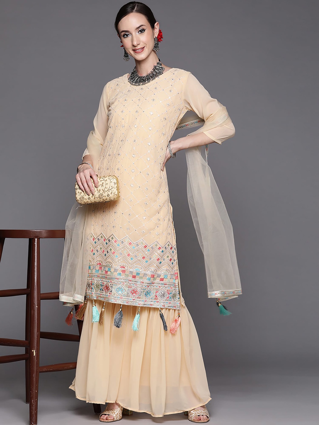 

Indo Era Embroidered Regular Sequinned Straight Kurta with Sharara & Dupatta, Beige