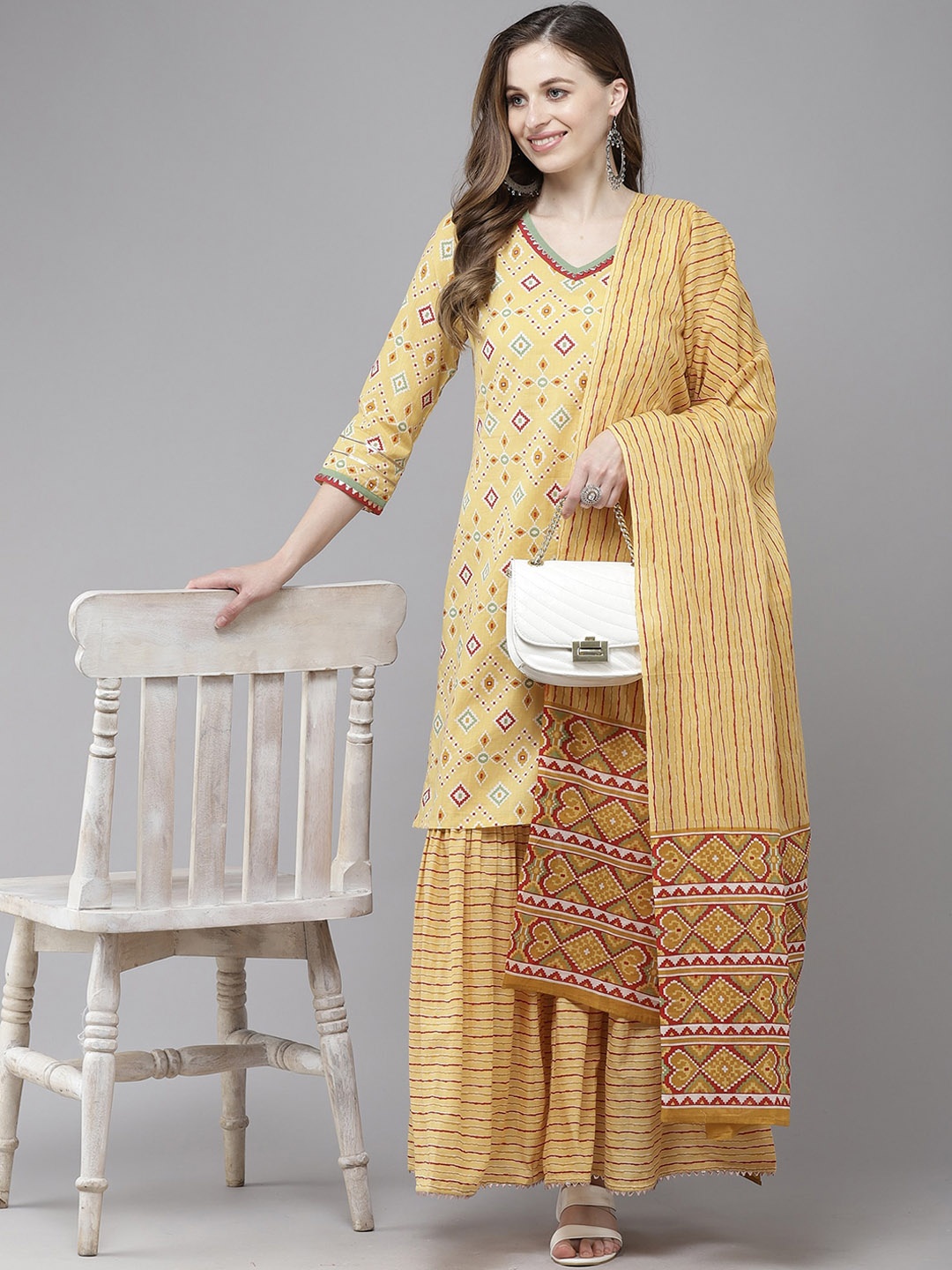 

Indo Era V-Neck Geometric Printed Regular Straight Kurta with Sharara & Dupatta, Yellow