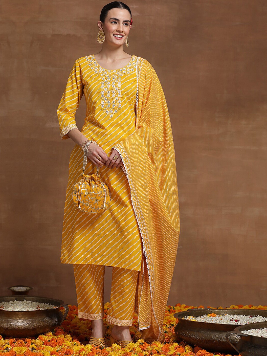 

Indo Era Leheriya Embroidered Pure Cotton Kurta With Trouser & Dupatta, Yellow