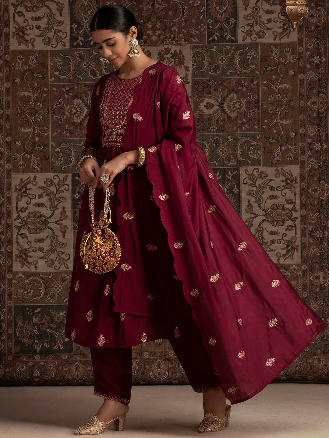 

Indo Era Ethnic Motifs Embroidered Panelled Sequinned Kurta With Trouser & Dupatta, Burgundy
