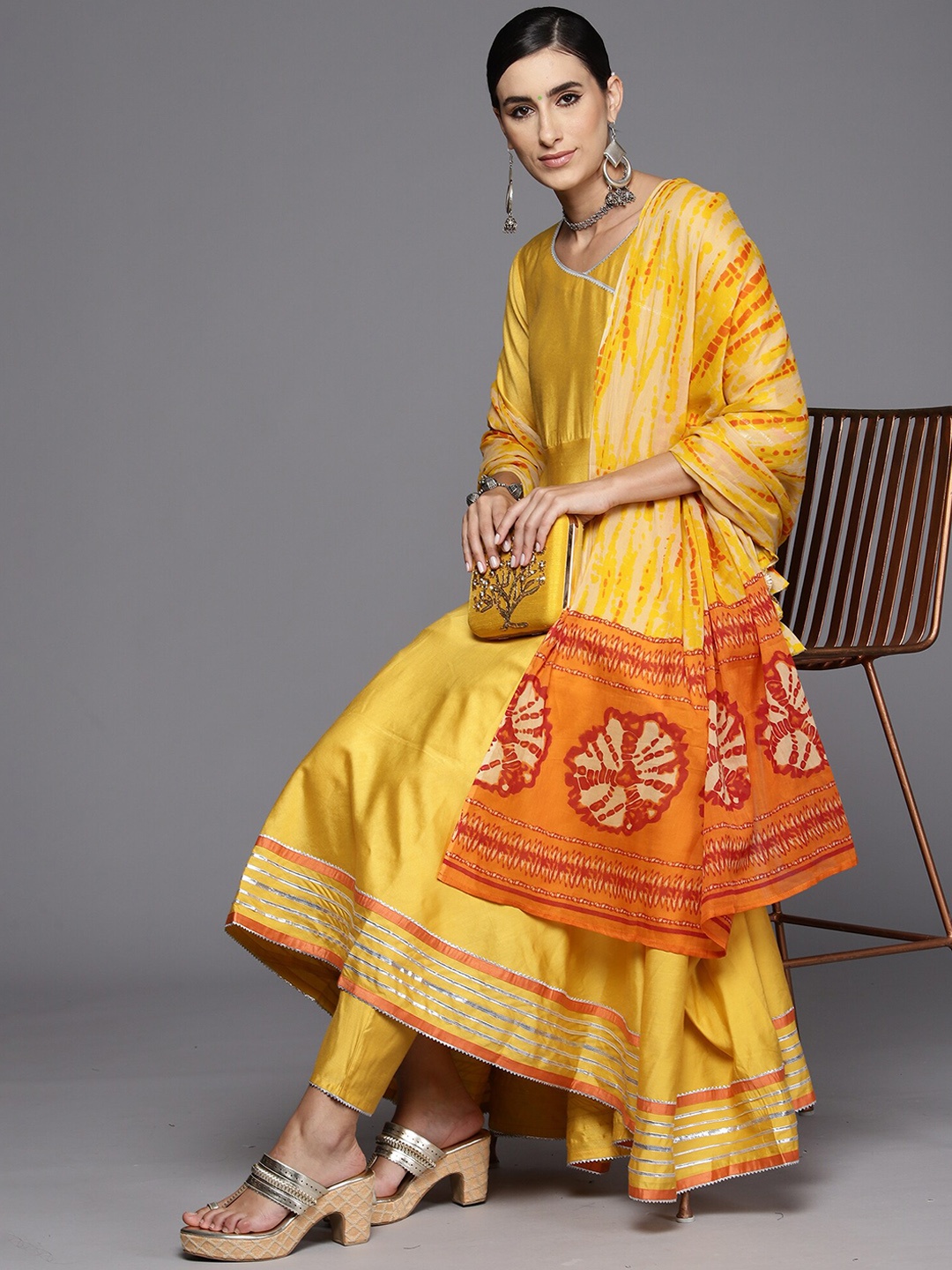 

Indo Era Yellow V-Neck Gotta Patti Angrakha Kurta with Trousers & Dupatta