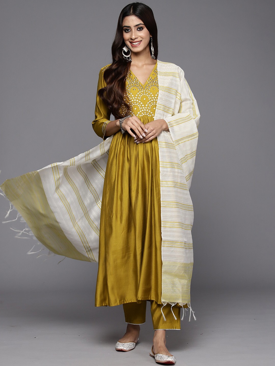 

Indo Era Yoke Design Empire Mirror Work Liva Kurta With Trouser & Dupatta, Olive