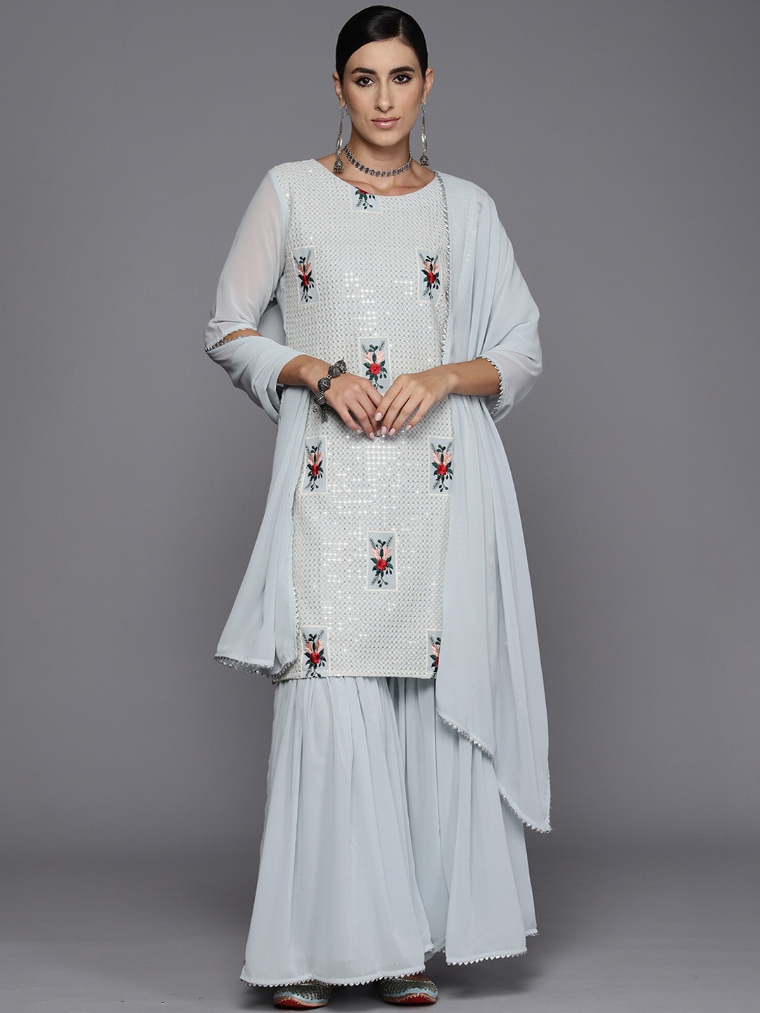 

Indo Era Blue Floral Embroidered Round Neck Straight Kurta with Sharara & Dupatta
