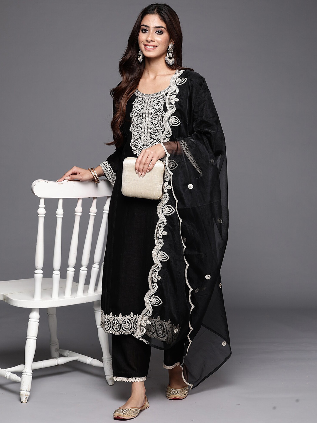 

Indo Era Embroidered Regular Thread Work Straight Kurta with Trousers & Dupatta, Black