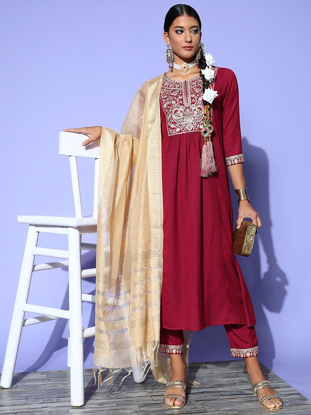 

Indo Era Paisley Yoke Design Empire Sequinned A-Line Kurta with Trousers & Dupatta, Maroon